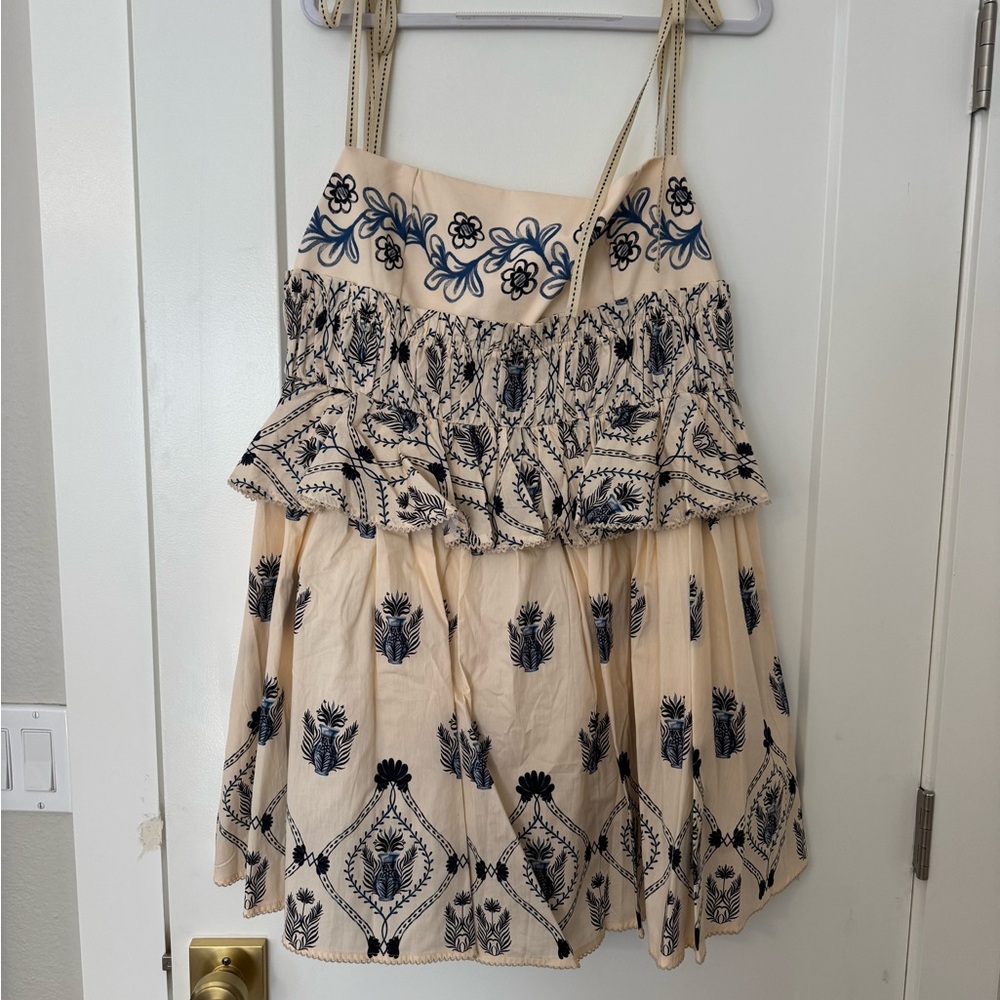 Agua Bendita Cream and Blue Embroidered Dress - Salvador Jarron